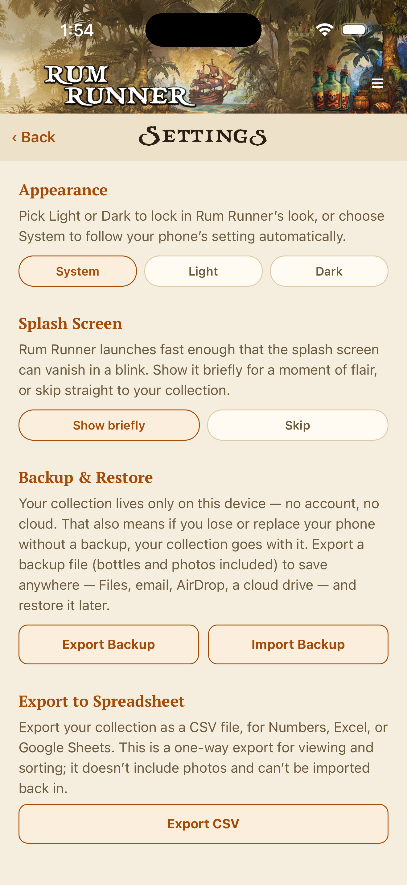Settings screen with appearance and backup options