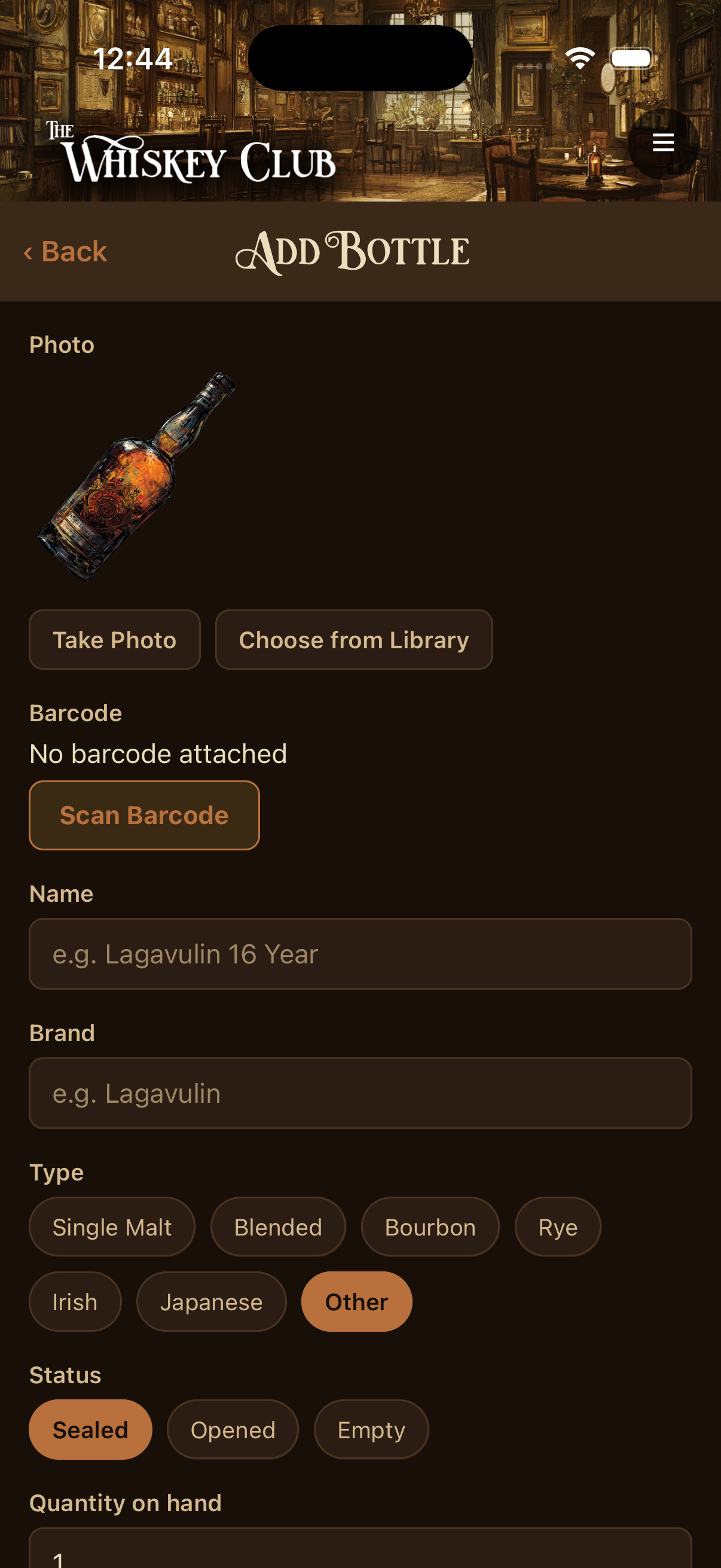 Add Bottle screen with barcode scan option